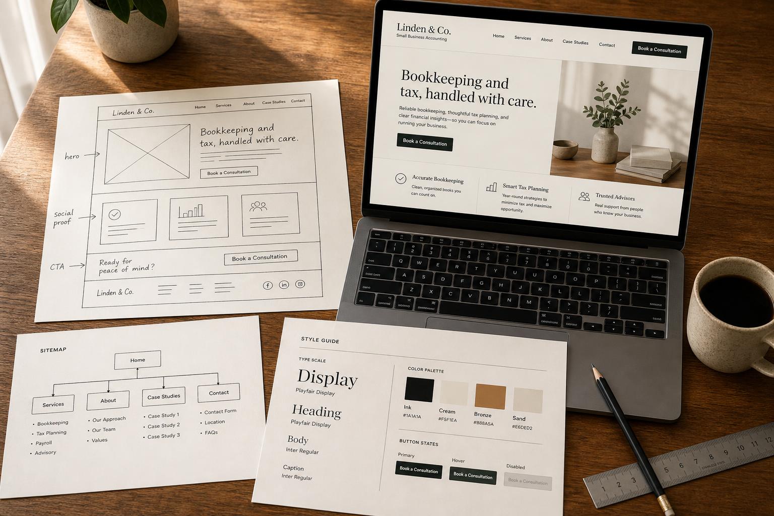 Wireframes and content structure beside a laptop